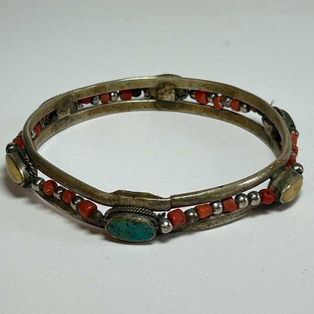 Vintage Turquoise Coral Ivory Bone Handcrafted Tribal Ethnic Bangle Bracelet - Picture 3 of 4